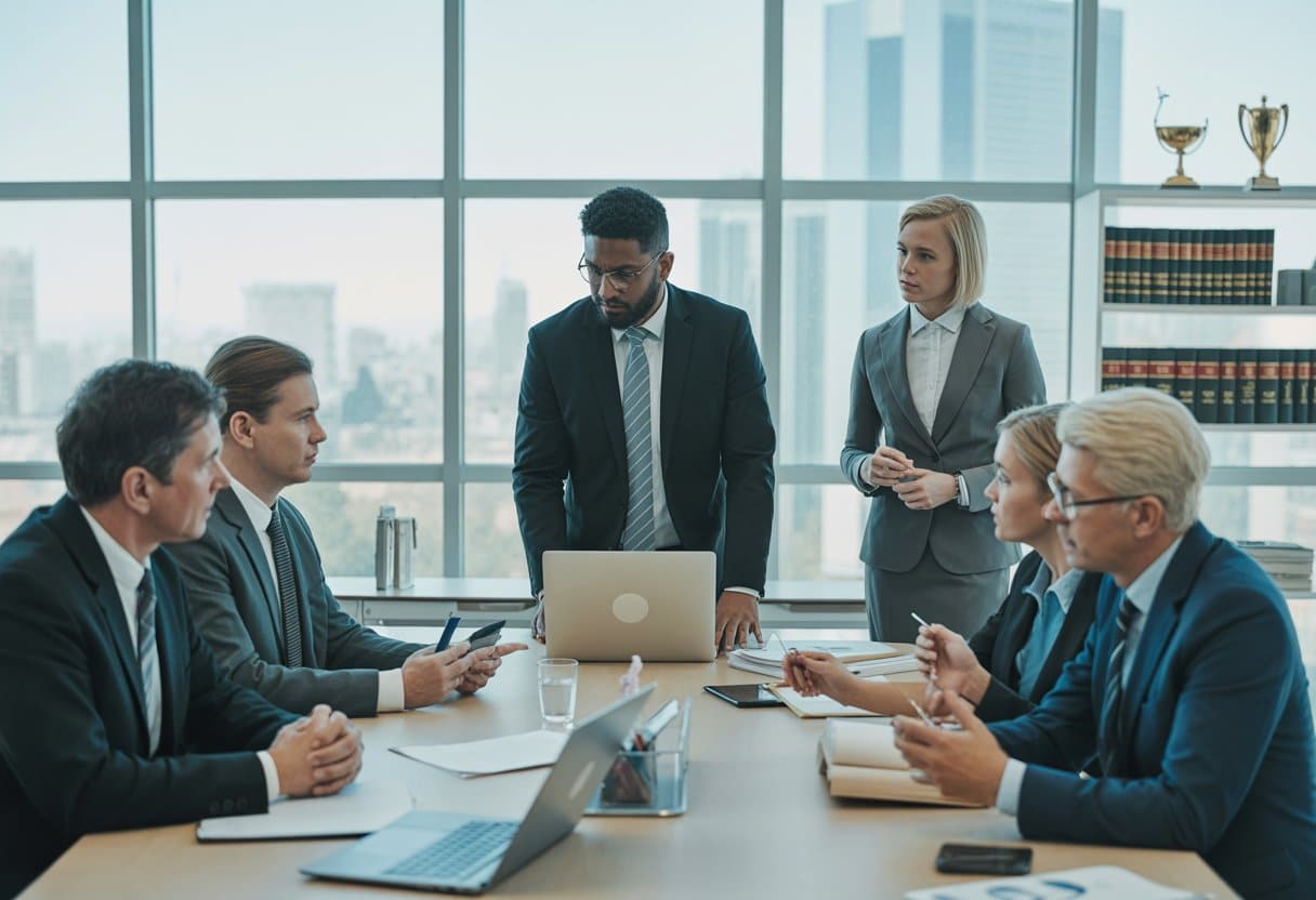 Een groep zakelijke professionals bespreekt documenten tijdens een vergadering in een modern kantoor.