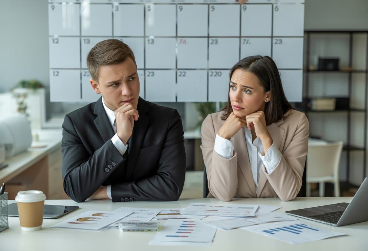 Twee jonge professionals zitten aan een bureau in een kantoor en kijken bezorgd naar documenten en een kalender.