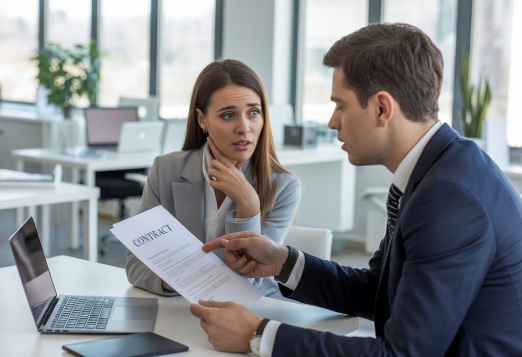 Twee jonge professionals in een kantoor die serieus over een contractdocument praten.