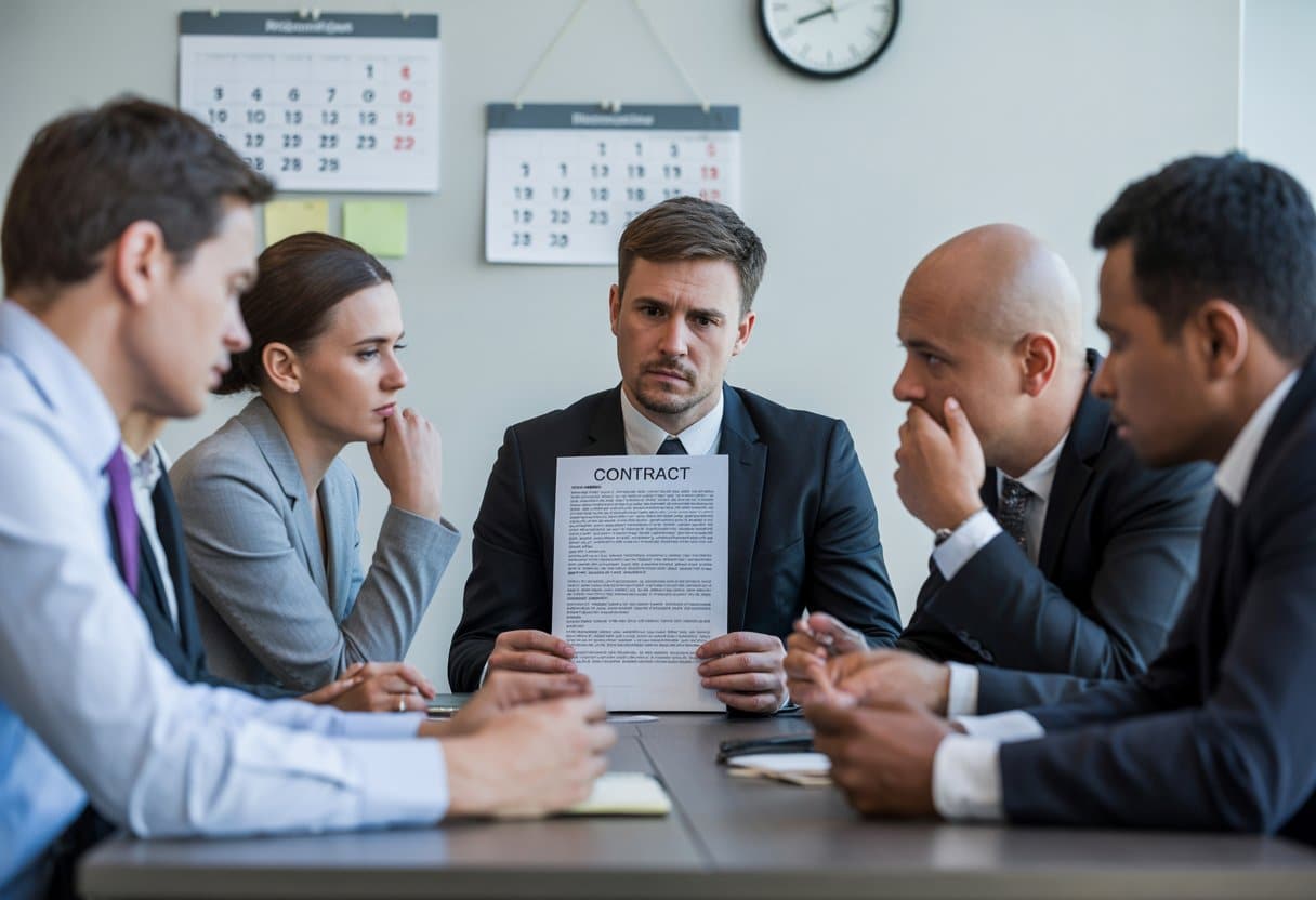 Een groep zakelijke professionals in een kantoor die serieus een contract bespreken, met een kalender en klok op de achtergrond.