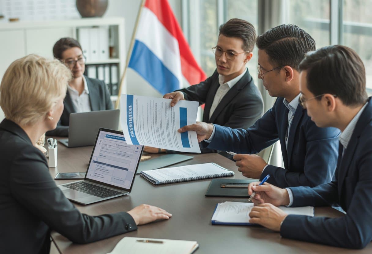 Een groep professionals bespreekt documenten in een kantoor, met een Nederlandse vlag op de achtergrond.