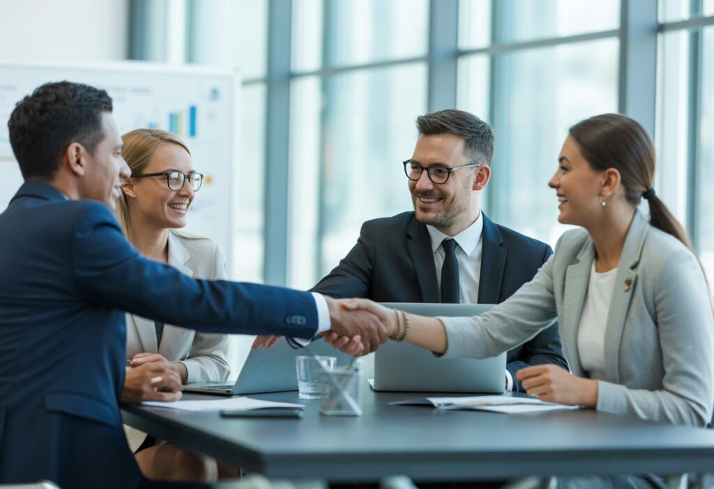 Een groep zakenpartners zit samen aan een vergadertafel en werkt samen in een moderne kantooromgeving.