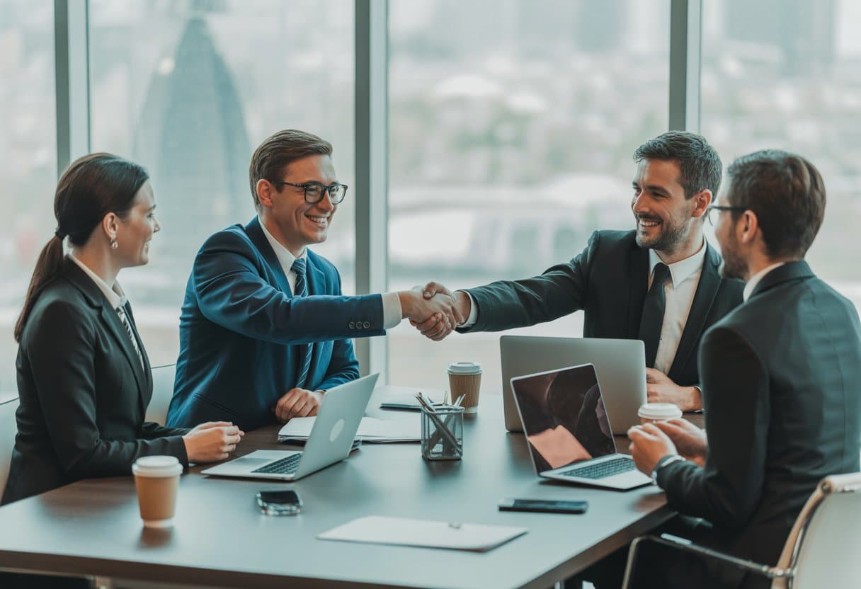 Een groep zakelijke partners zit samen aan een tafel en schudt elkaar de hand in een kantoor.