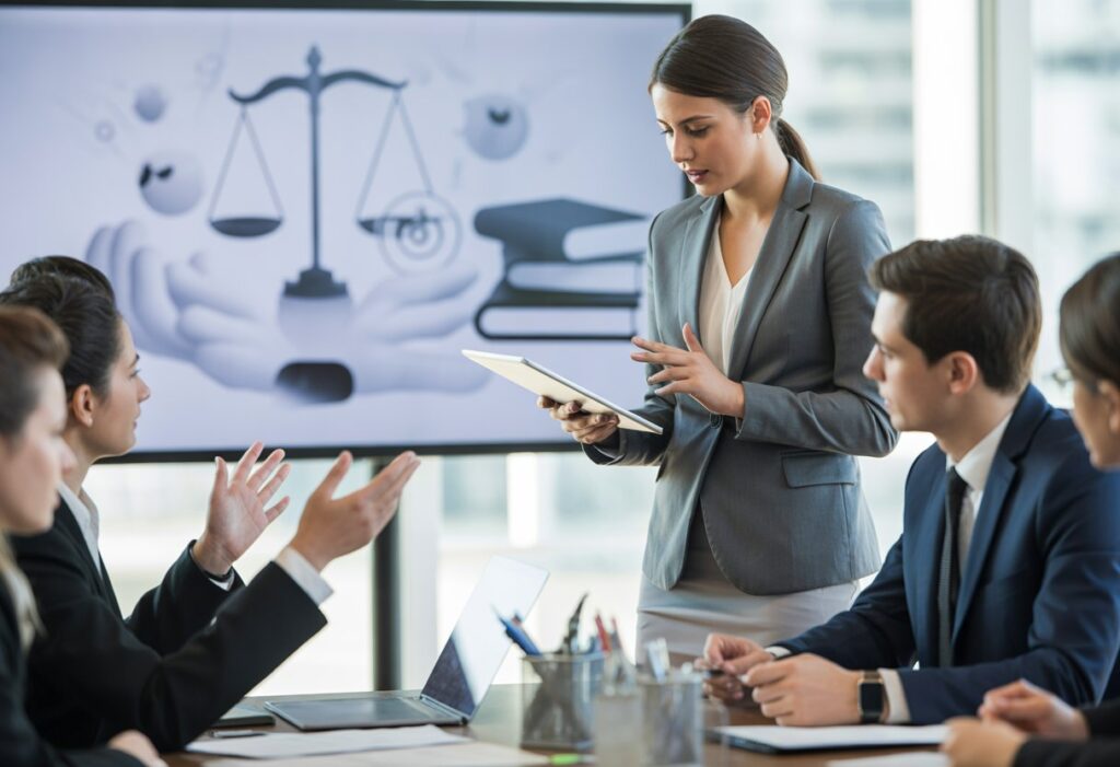 Een groep jonge professionals bespreekt juridische onderwerpen in een modern kantoor, met een vrouw die iets uitlegt op een tablet en een scherm met sociale media- en juridische symbolen op de achtergrond.