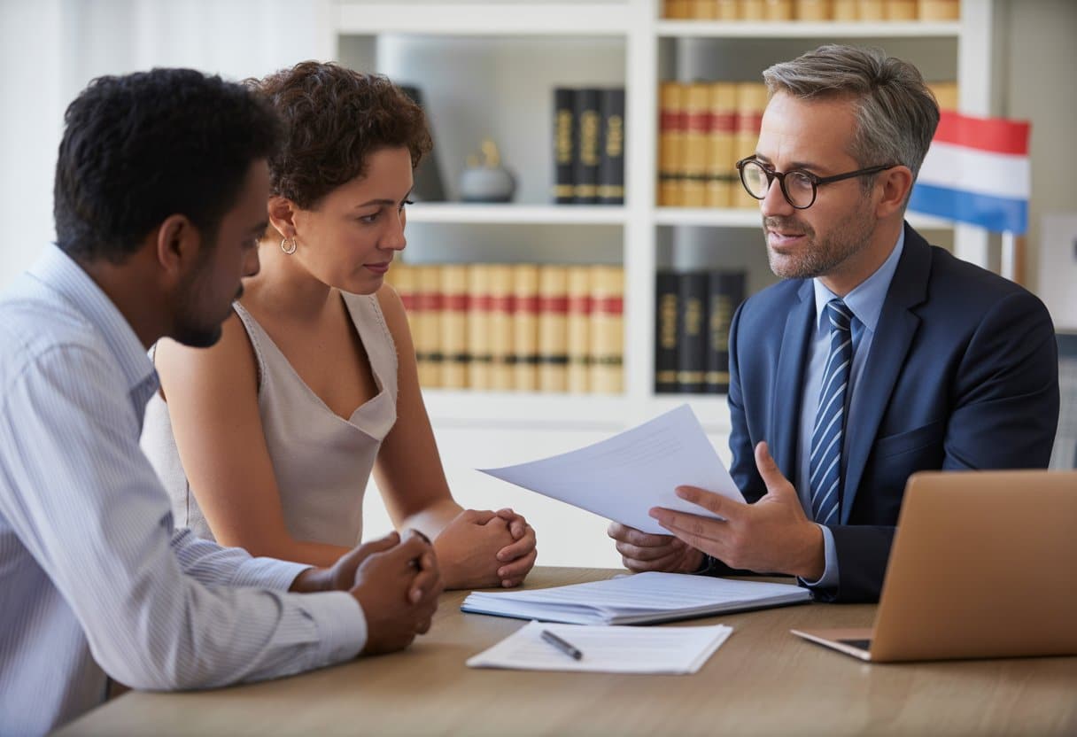 Een diverse partner en een juridische adviseur zitten samen aan een bureau in een kantoor, terwijl ze documenten bespreken.