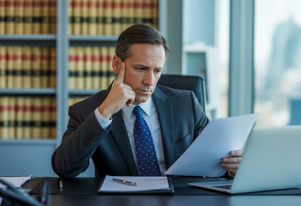 Een man in formele kleding zit aan een bureau in een kantoor en kijkt bezorgd naar documenten en een laptop.