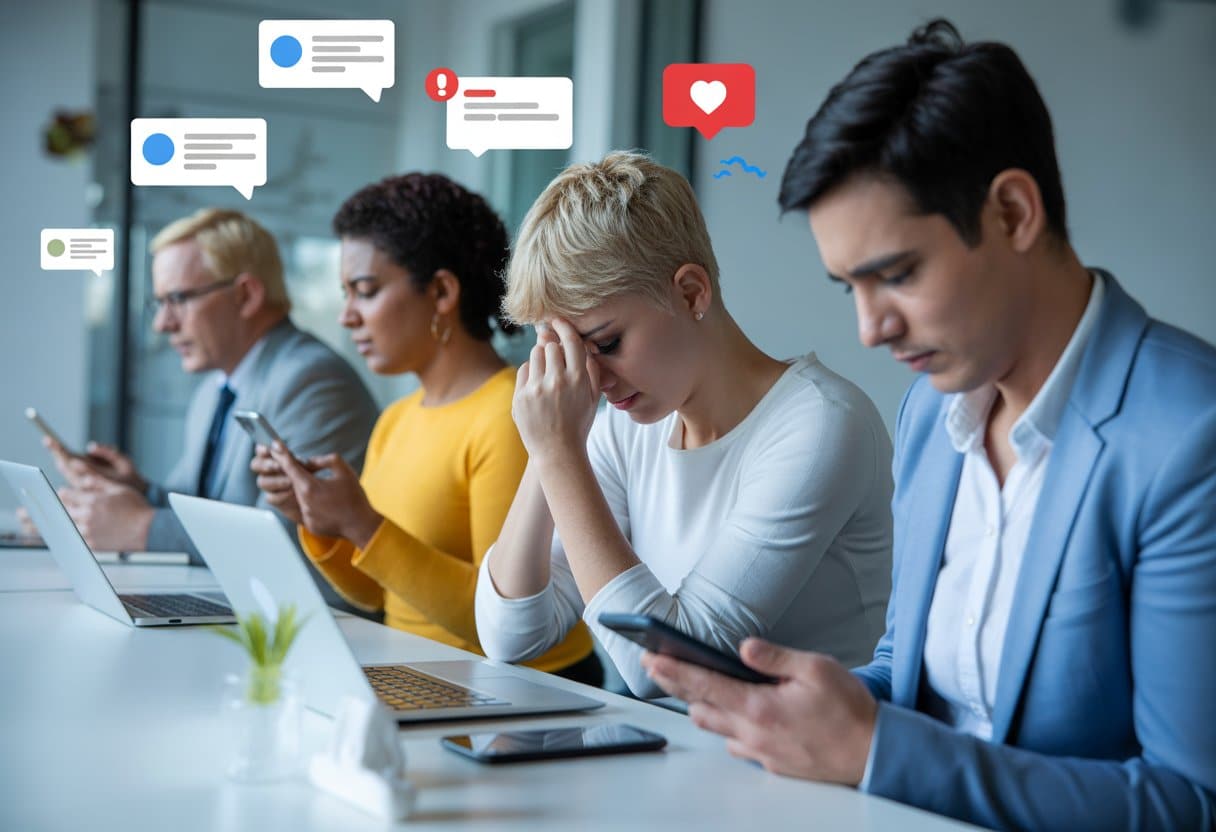 Een groep mensen in een kantoor, één persoon kijkt bezorgd naar een scherm, wat online pesten of shamen uitbeeldt.