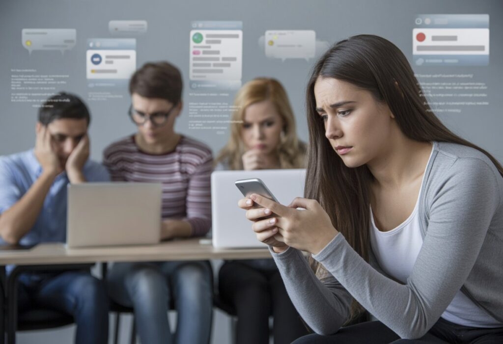 Een groep jonge mensen zit samen met laptops en telefoons, met bezorgde gezichten terwijl ze naar schermen kijken die online berichten tonen.