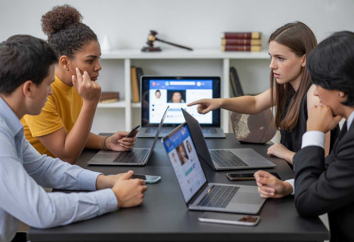 Een diverse groep jonge volwassenen zit rond een tafel met laptops en smartphones, ze voeren een serieus gesprek over online pesten en de juridische gevolgen.