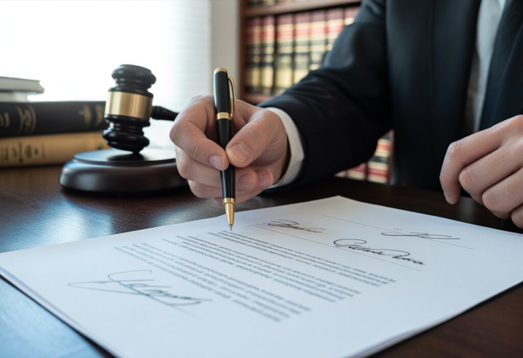 Hand die een pen vasthoudt boven een document met handtekeningen, op een bureau in een advocatenkantoor.
