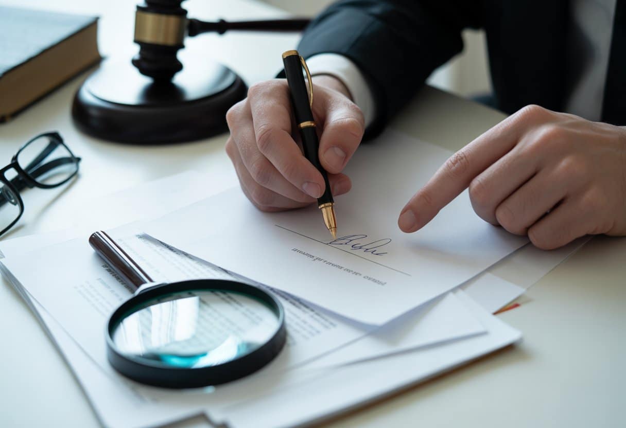 Vervalste handtekeningen: civiel of strafrechtelijk probleem? Uitleg & Juridische Stappen 1 Een close-up van handen die wijzen naar een handtekening op een document met juridische voorwerpen op een bureau.