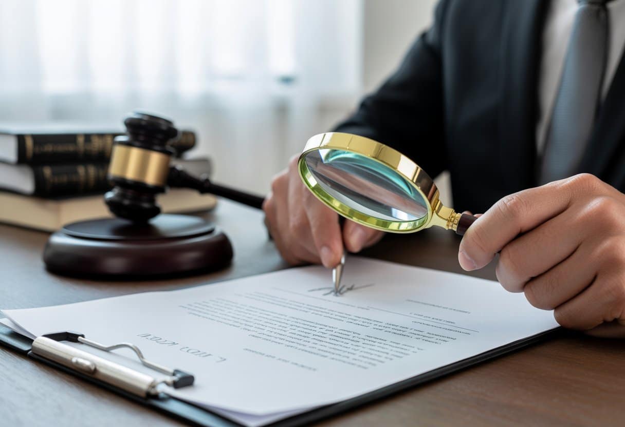 Vervalste handtekeningen: civiel of strafrechtelijk probleem? Uitleg & Juridische Stappen 2 Close-up van een hand met een vergrootglas boven een ondertekend juridisch document, met een hamer en juridische boeken op een bureau.