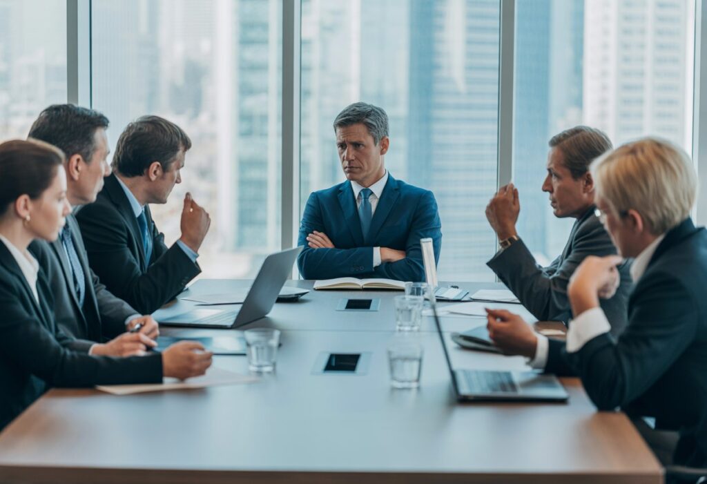 Een zakelijke vergadering waarbij een aandeelhouder dwarsligt en andere mensen serieus overleggen aan een tafel in een kantoor.