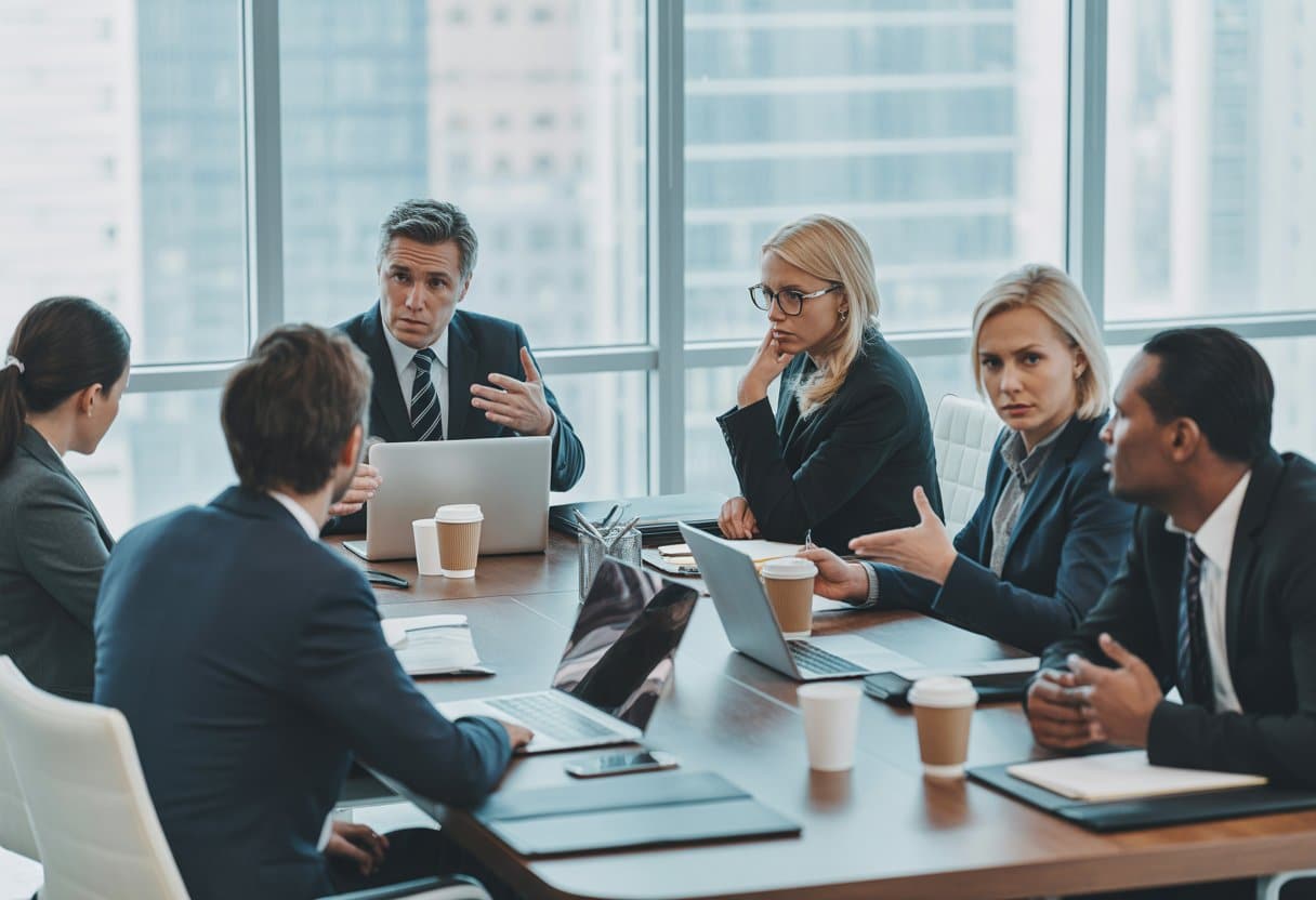 Een zakelijke vergadering in een moderne boardroom waarbij een persoon duidelijk tegen de anderen ingaat, terwijl de rest aandachtig luistert.