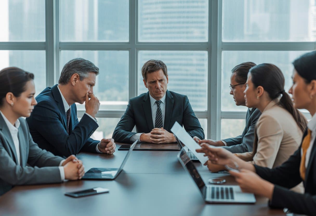 Een zakelijke vergadering met aandeelhouders en juridische adviseurs die een discussie voeren in een modern kantoor.