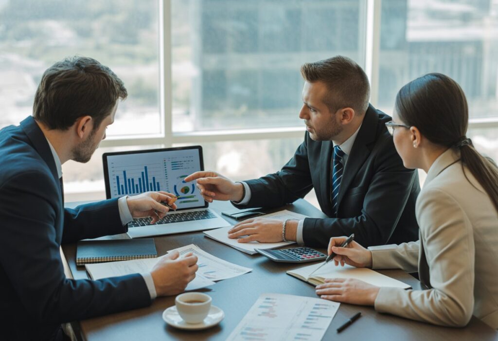 Drie professionals bespreken financiële documenten in een kantooromgeving.