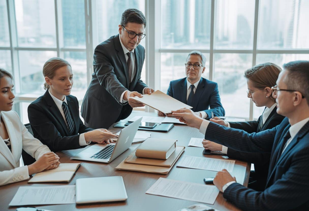 Een groep zakelijke professionals overhandigt documenten aan een curator in een kantooromgeving.