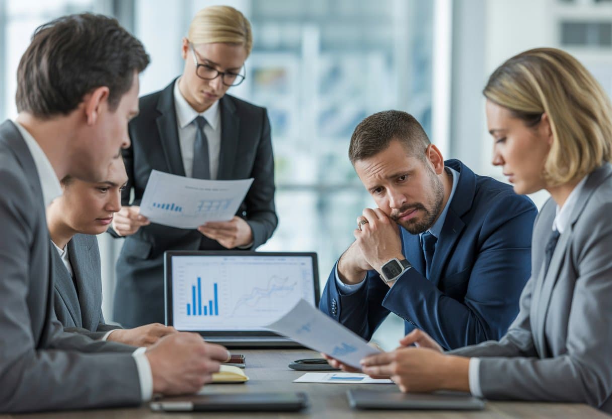 Een groep professionals in een kantoor die een gespannen bespreking voeren over diefstal door personeel.
