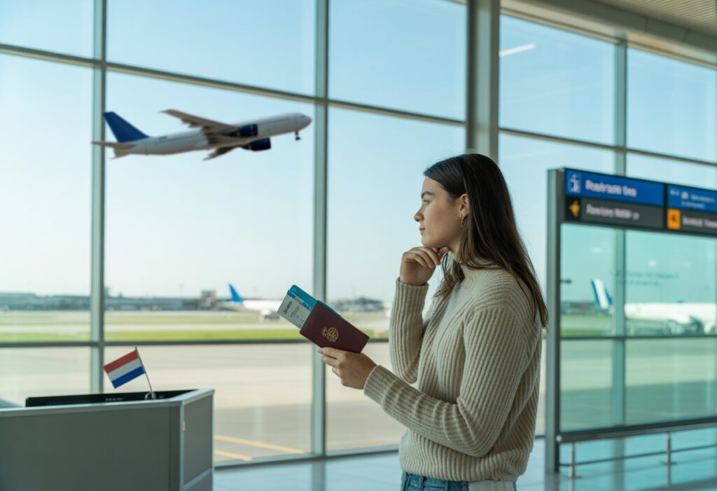 Een jonge volwassene staat in een luchthaven en kijkt uit het raam naar vliegtuigen terwijl hij een paspoort vasthoudt.