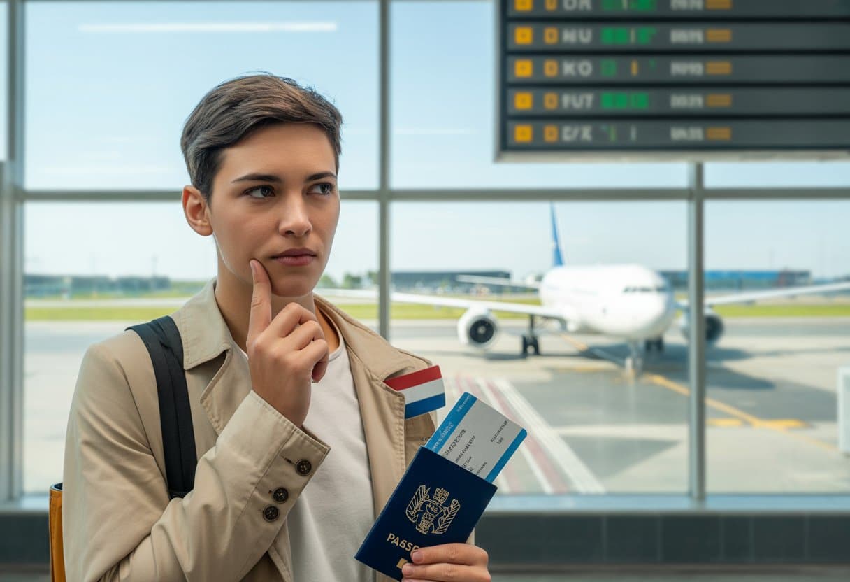 Een jonge volwassene bij een luchthaven vertrekhal met een paspoort en instapkaart in de hand, kijkend naar een vliegtuig op de startbaan.