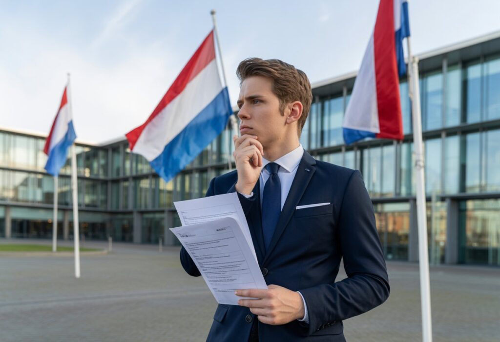 Een jonge Nederlandse man staat nadenkend voor een modern overheidsgebouw met Nederlandse vlaggen op de achtergrond.
