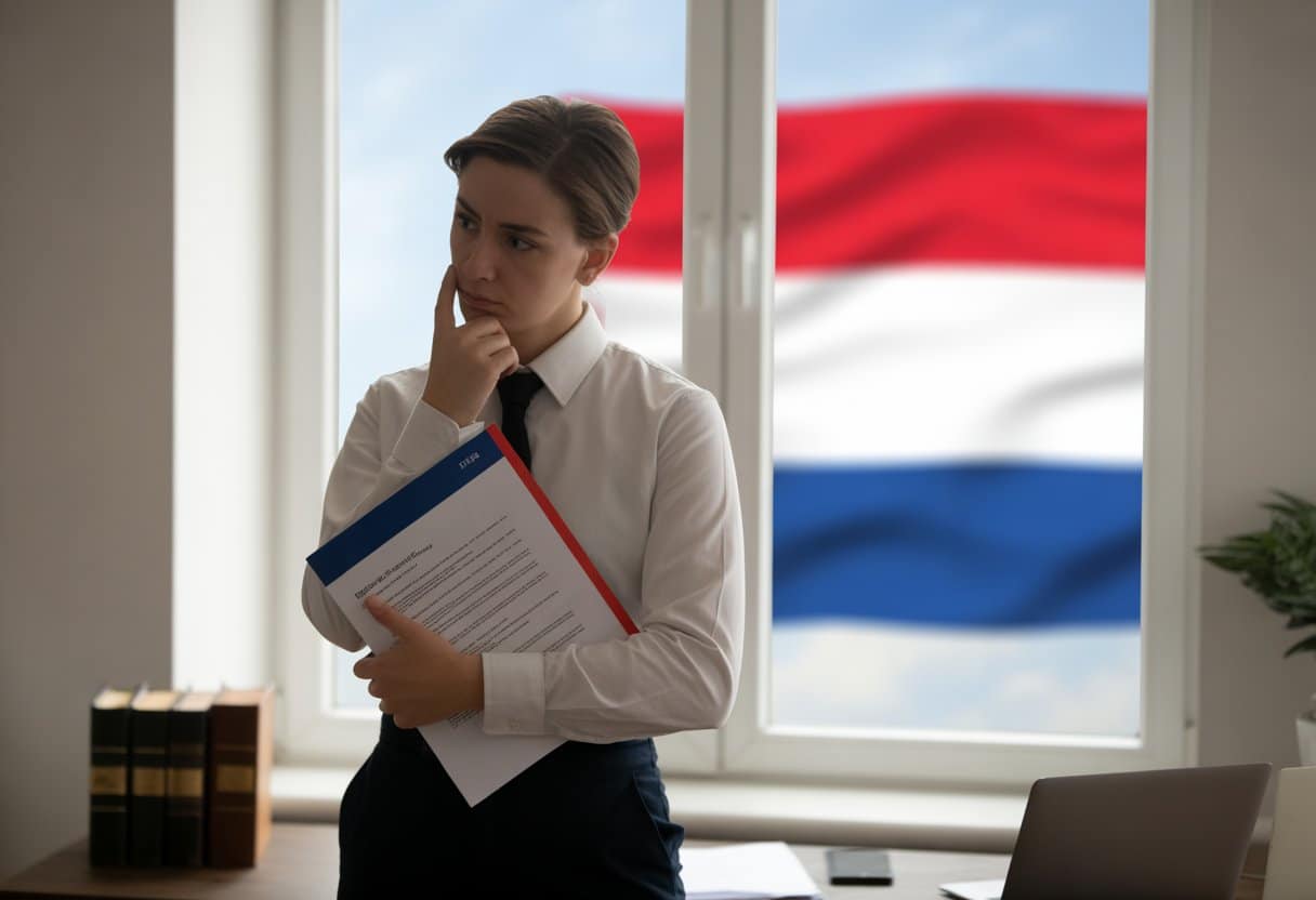 Een nadenkende persoon in een kantoor met documenten, naast een raam waar de Nederlandse vlag te zien is.