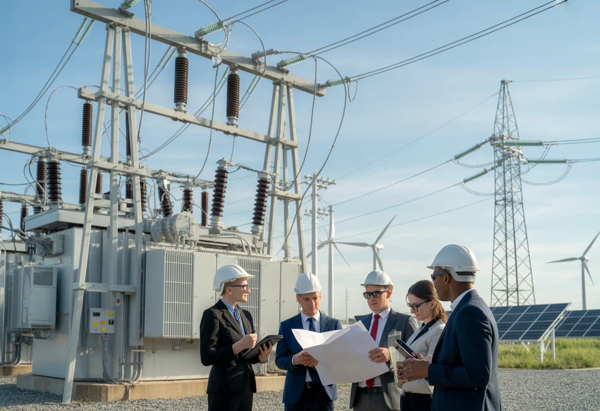 Een groep professionals bespreekt technische en juridische aspecten bij een elektriciteitsstation met hoogspanningslijnen en duurzame energie-installaties op de achtergrond.