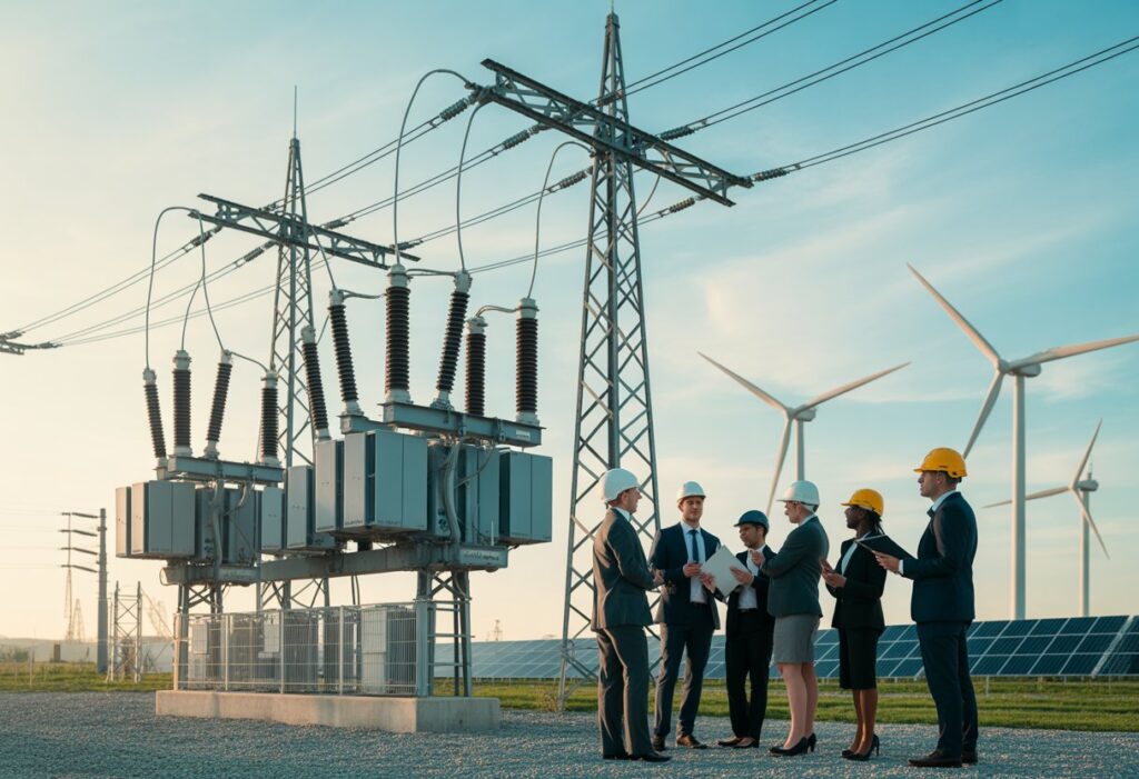 Een groep professionals bespreekt plannen bij een elektriciteitsstation met hoogspanningslijnen, windturbines en zonnepanelen op de achtergrond.
