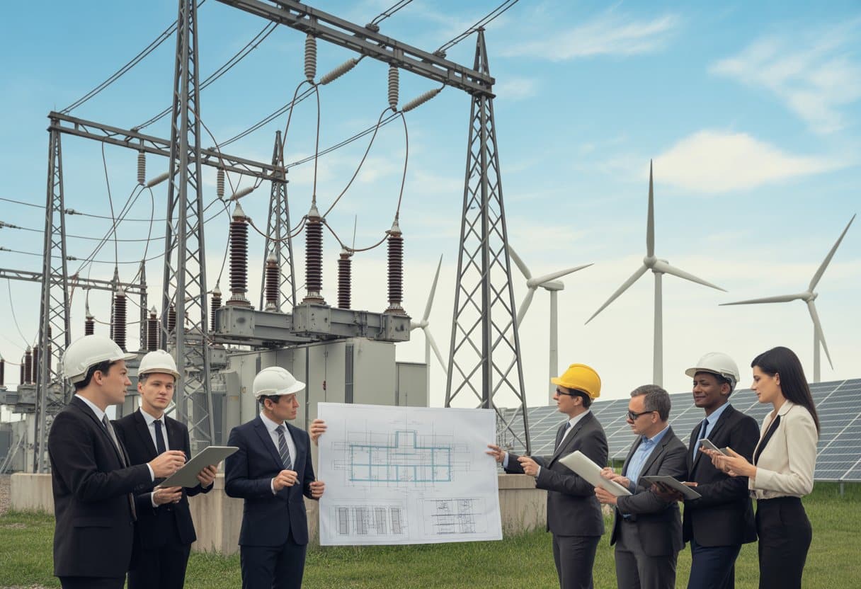 Een groep professionals bespreekt technische en juridische aspecten bij een elektriciteitsnet met hoogspanningslijnen en duurzame energie-installaties op de achtergrond.