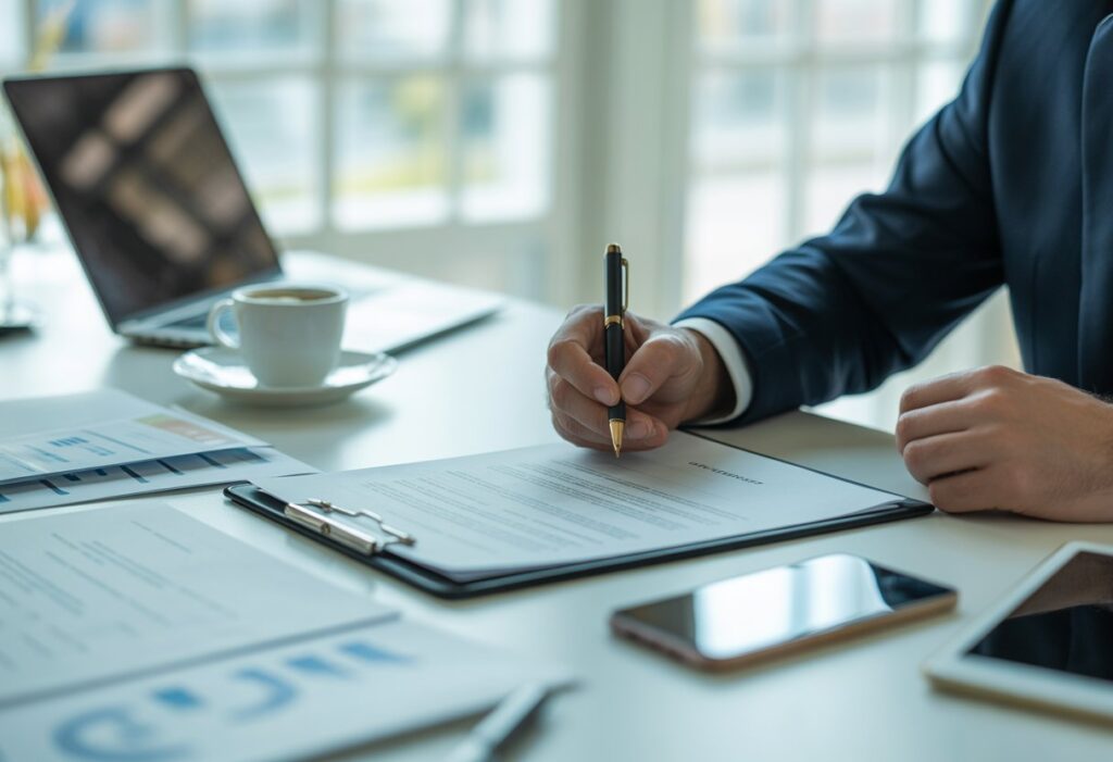 Een persoon die een contract tekent tijdens een zakelijke bijeenkomst aan een bureau met documenten en een laptop.