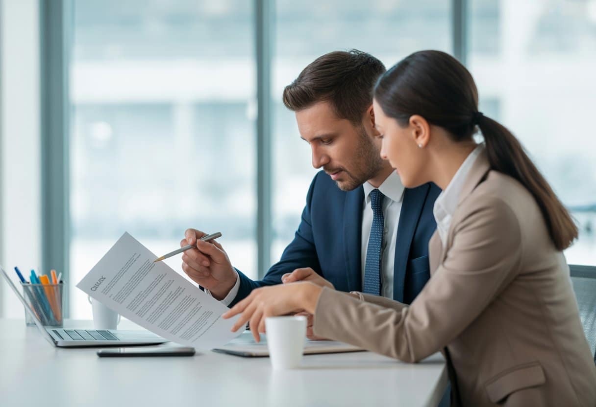 De rol van algemene voorwaarden: wat teken je eigenlijk? Volledig inzicht 2 Twee mensen zitten aan een bureau en bespreken samen een contractdocument in een kantooromgeving.