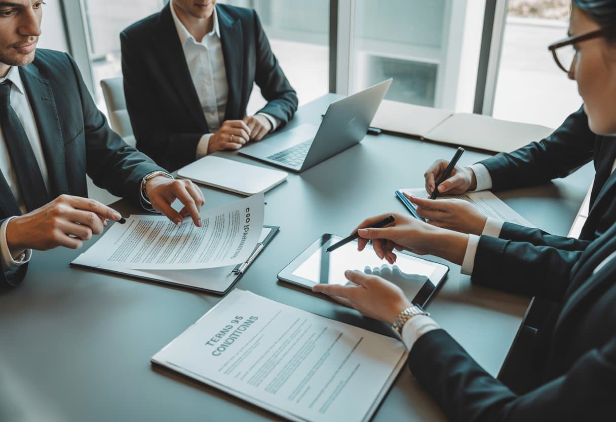De rol van algemene voorwaarden: wat teken je eigenlijk? Volledig inzicht 3 Een groep zakelijke professionals bekijkt samen documenten aan een vergadertafel in een kantoor.