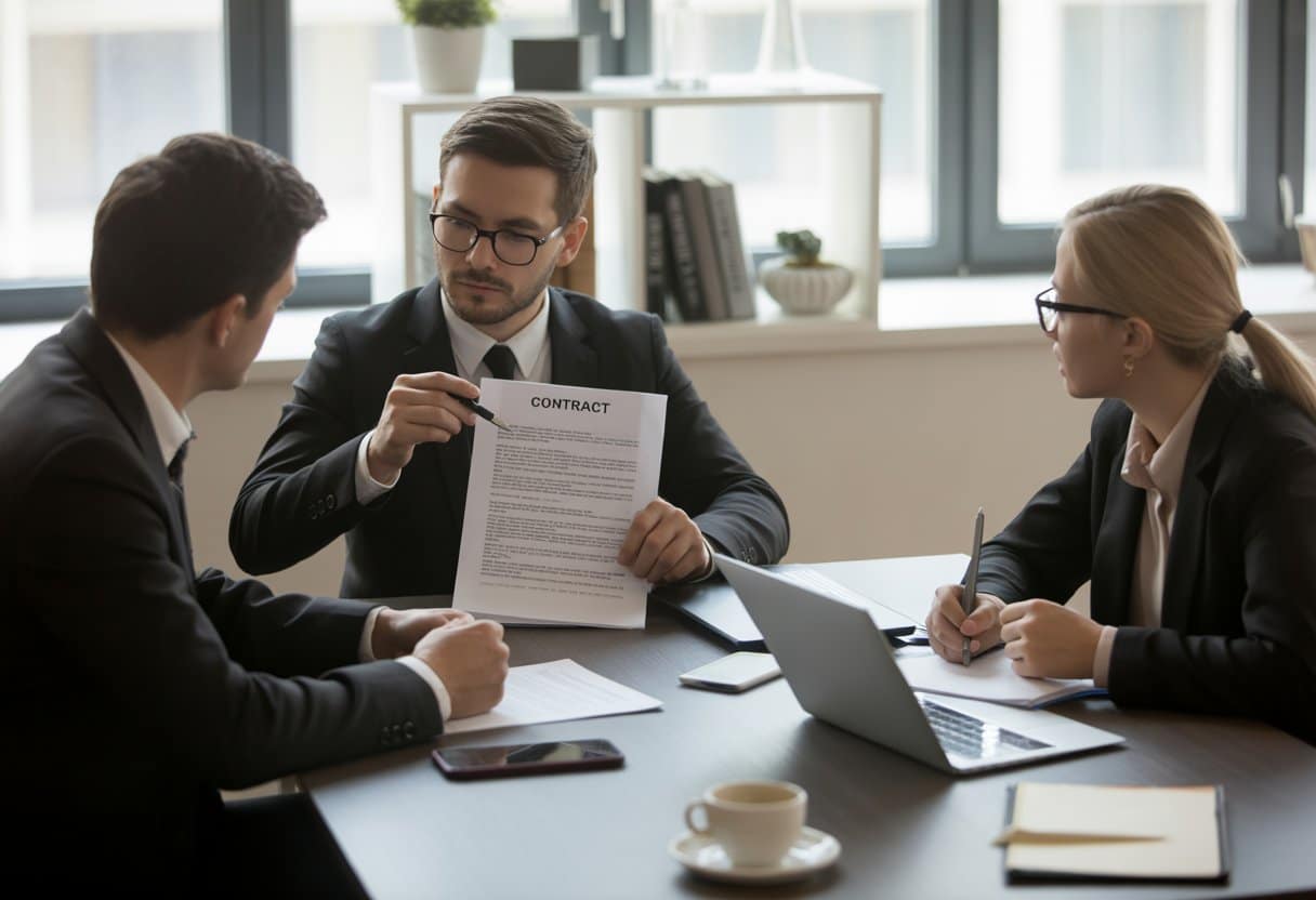 Drie professionals zitten aan een vergadertafel en bespreken een contract in een kantooromgeving.