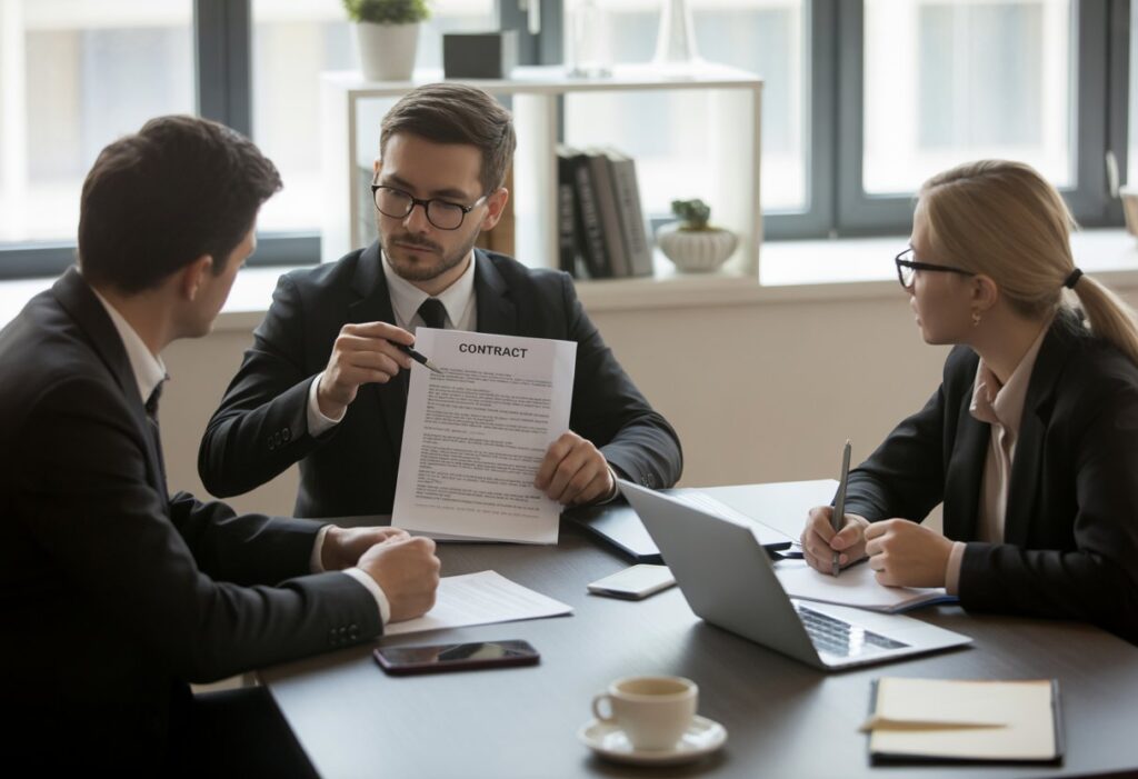 Drie professionals zitten aan een vergadertafel en bespreken een contract in een kantooromgeving.