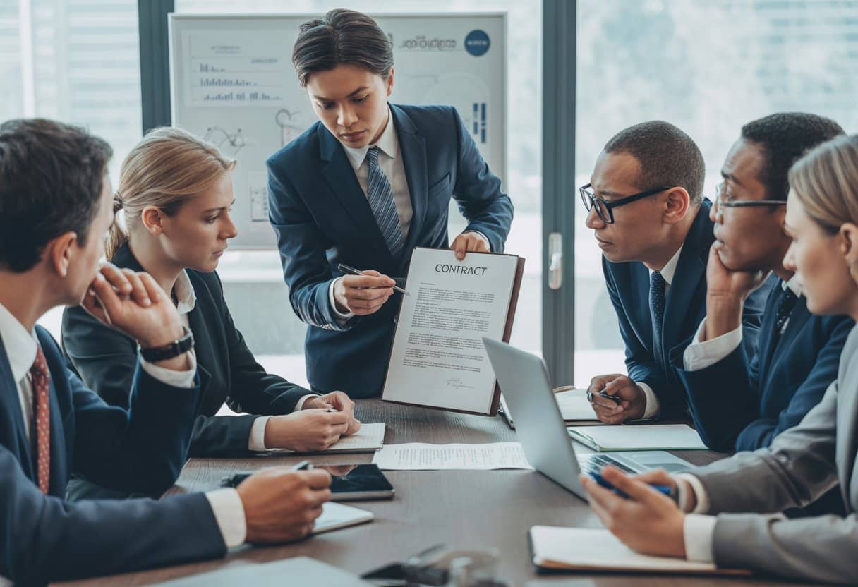 Een groep zakelijke professionals bespreekt een contract aan een vergadertafel in een moderne kantoorruimte.
