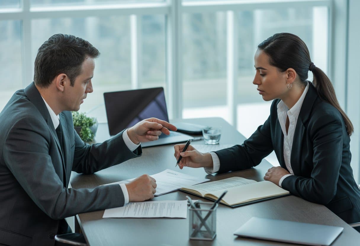 Twee zakelijke professionals die een contract bespreken aan een tafel in een kantooromgeving.