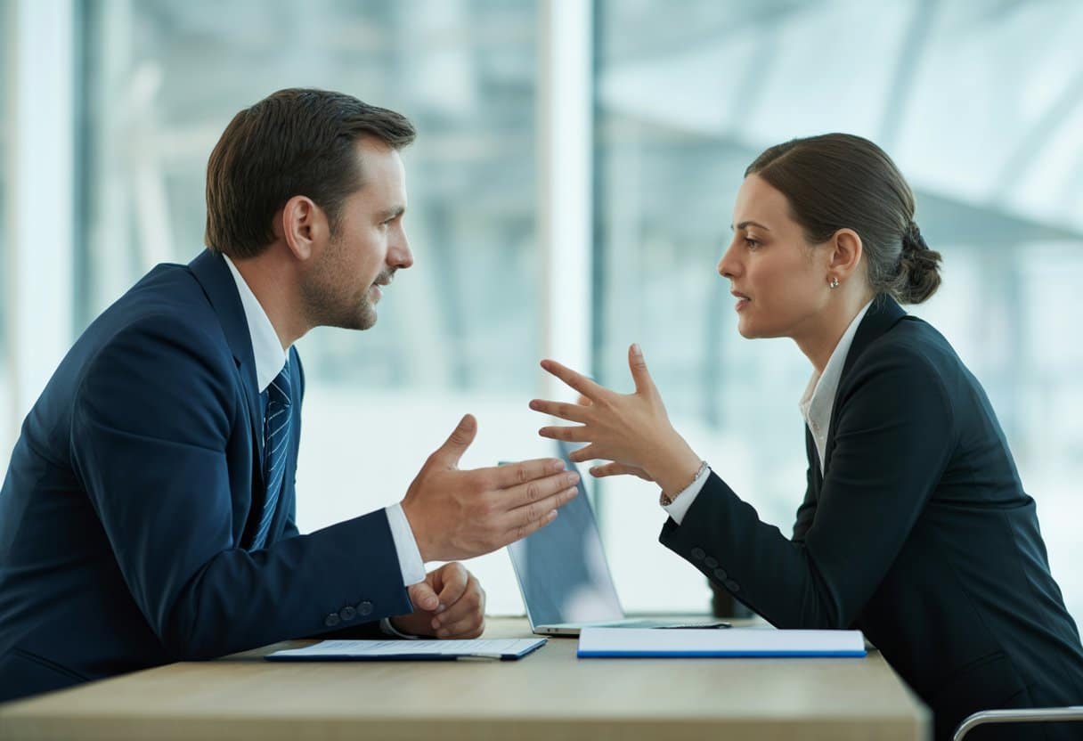 Twee zakelijke mensen zitten aan een tafel en voeren een serieus gesprek in een moderne kantoorruimte.