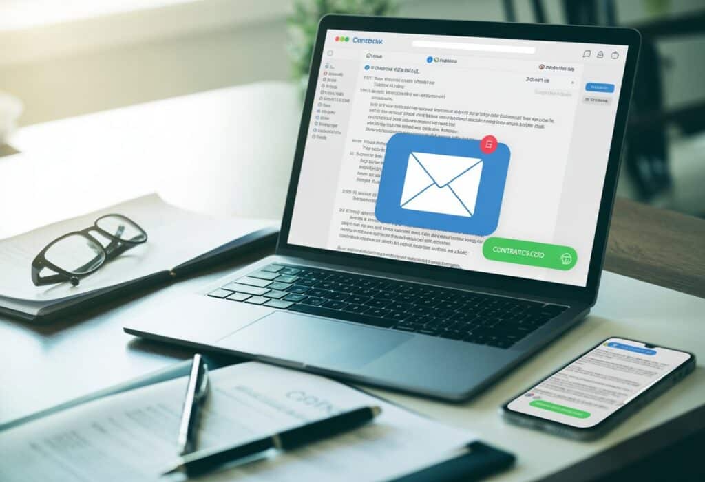 Een kantoorwerkplek met een laptop en smartphone waarop e-mails en WhatsApp-berichten zichtbaar zijn, met documenten en een pen op het bureau.