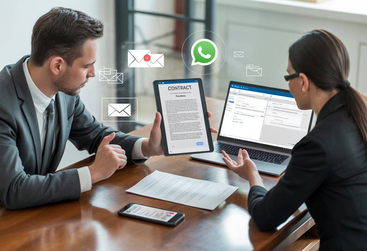 Twee zakelijke professionals bespreken een digitaal contract met een laptop, tablet en smartphone op een bureau.
