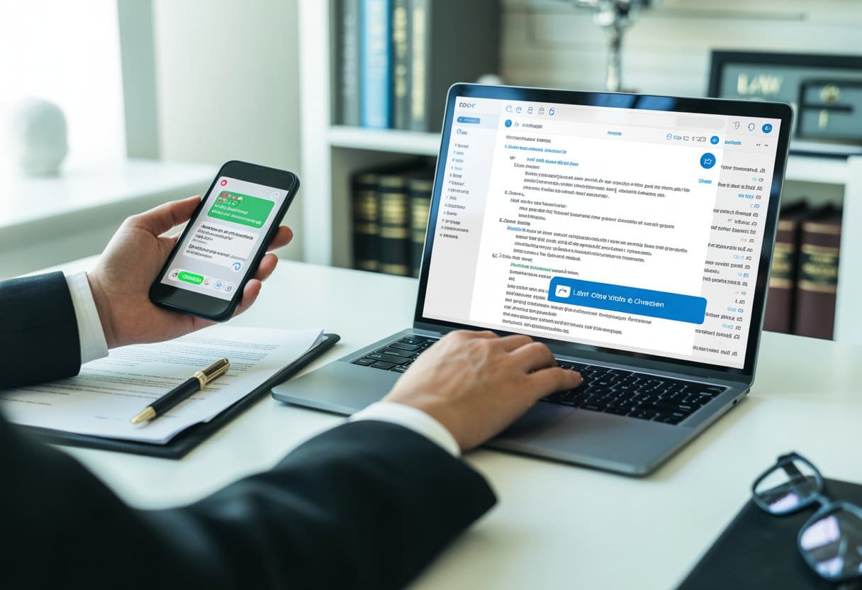 Een kantooromgeving met een laptop en smartphone waarop digitale berichten over contracten te zien zijn, met documenten en een pen op het bureau.