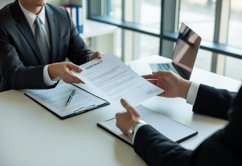 Twee mensen in een kantooromgeving overhandigen een contractdocument aan elkaar tijdens een zakelijke bespreking.