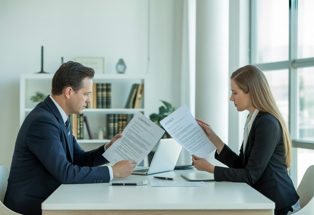 Twee zakelijke professionals bespreken contracten aan een bureau in een helder kantoor.