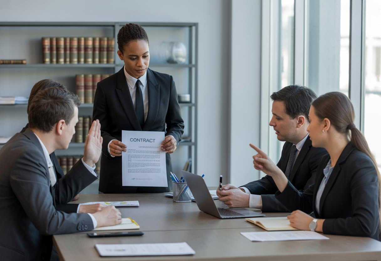 Een groep zakelijke professionals bespreekt contracten aan een vergadertafel in een moderne kantoorruimte.