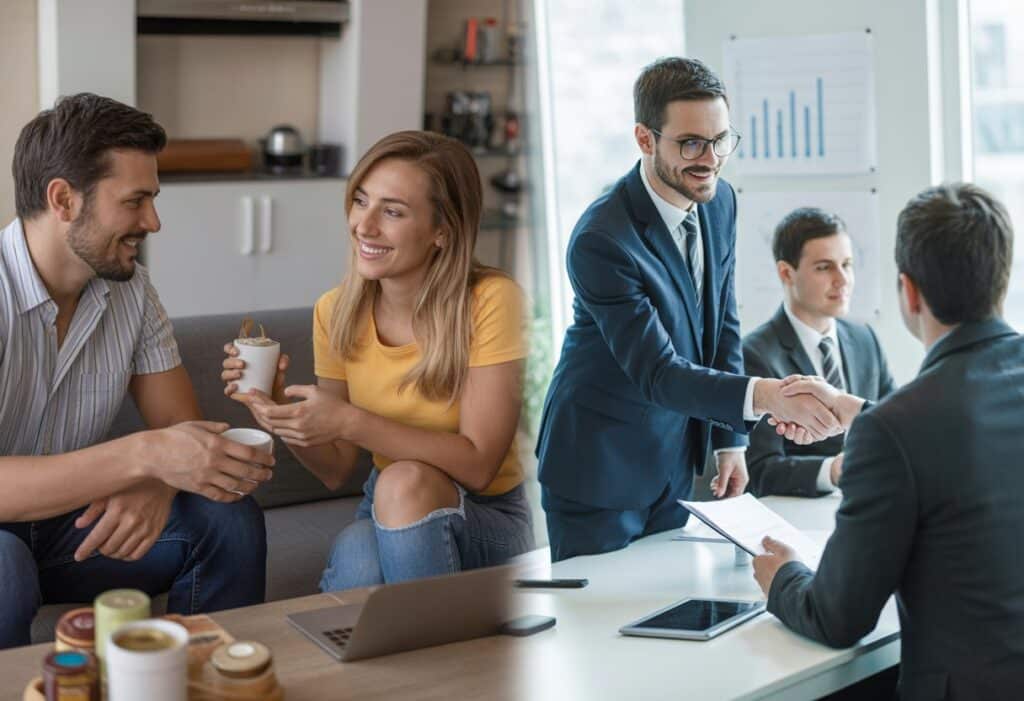 Twee scènes naast elkaar: links een informeel gesprek tussen een professional en een consument in een gezellige setting, rechts een formele zakelijke bijeenkomst met professionals in een kantoor.