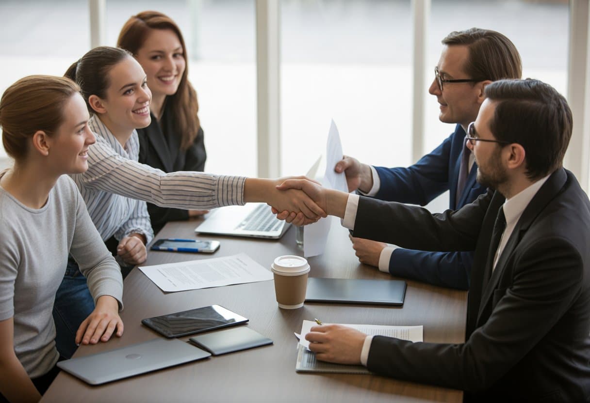 Contracteren met consumenten vs. bedrijven: het cruciale verschil uitgelegd 1 Zakelijke bijeenkomst met een professional die handen schudt met een consument en een aparte vergadering tussen zakenmensen die contracten bespreken.