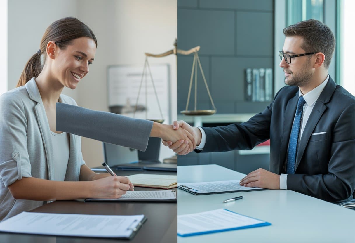 Contracteren met consumenten vs. bedrijven: het cruciale verschil uitgelegd 2 Twee scènes naast elkaar: een consument die een contract tekent met een adviseur en twee zakenmensen die handen schudden over een contract.