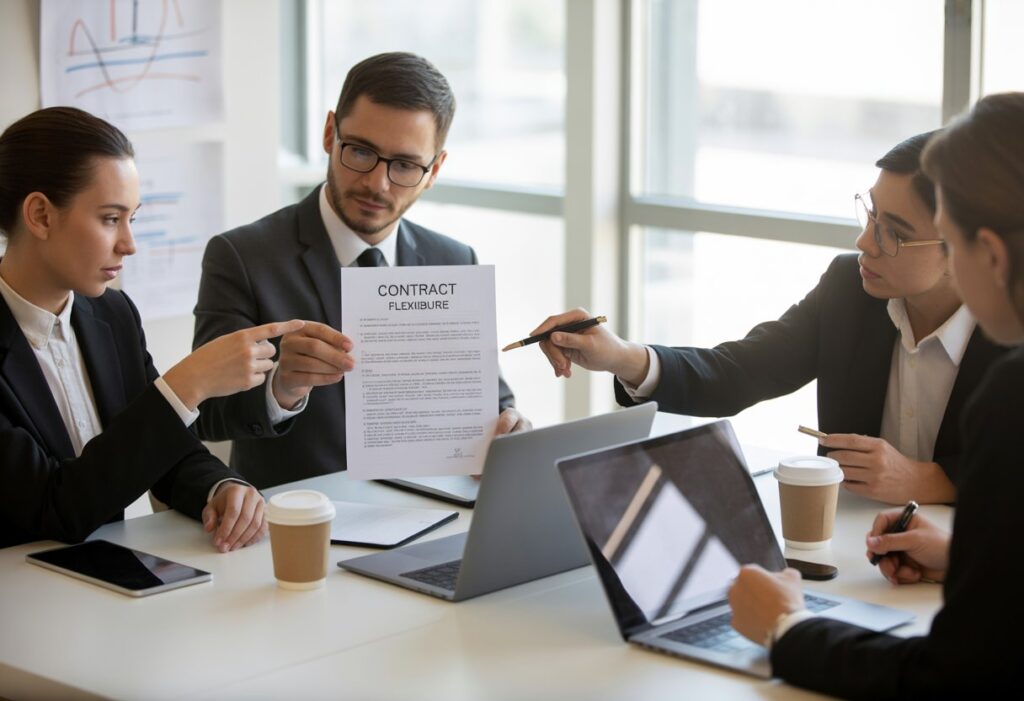 Vier professionals zitten rond een vergadertafel en bespreken een contract in een moderne kantooromgeving.