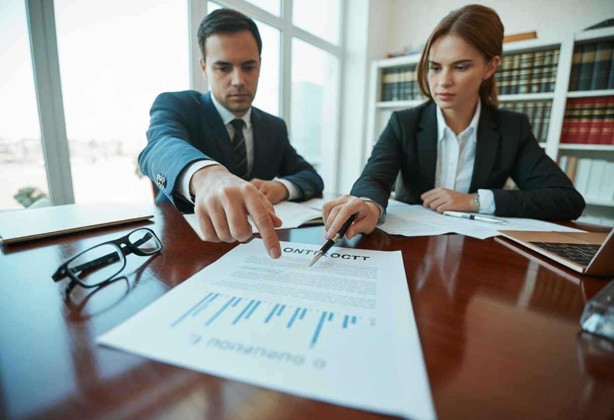 Twee zakelijke professionals bespreken een contract aan een vergadertafel in een kantoor met natuurlijk licht.