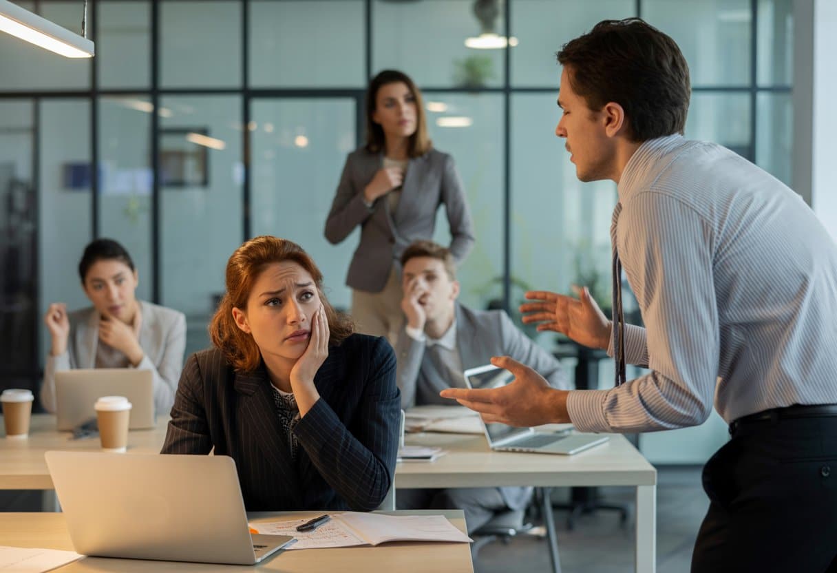 Een gespannen kantoorscène waarin een zelfverzekerde persoon dominant spreekt tegen een gestreste collega, terwijl anderen bezorgd toekijken.
