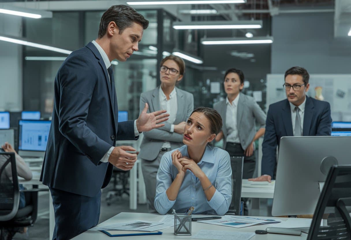 Kantooromgeving waarin een manager een werknemer streng toespreekt terwijl andere collega's bezorgd toekijken.